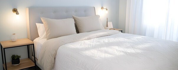 Cozy Minimalist Bedroom Renovation - Serene Retreat with Light Blue Walls Plush Neutral Bedding Ambient Lighting and Custom Shelves for Effortless Decor