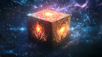 Mysterious gift box with intricate carvings and an otherworldly aura, mystical power, mystical presence, mysterious energy. Otherworldly. Illustration