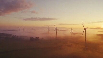 Obraz premium Aerial view of wind turbines in a misty sunrise landscape.