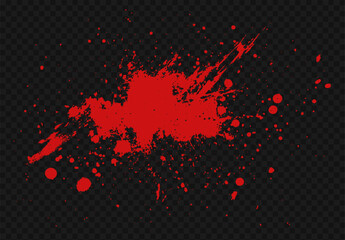 Vector blood splatter texture with red ink drops and splashes on a transparent background. Grunge pattern featuring realistic drips, stains, and spatter for a horror or Halloween design.