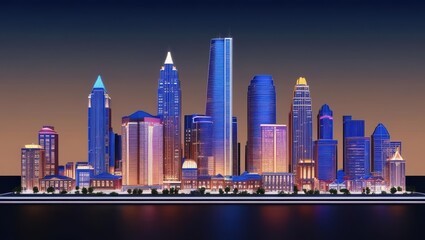 Naklejka premium Peak Energy Demand Concept. A vibrant city skyline illuminated at night, showcasing modern architecture and colorful lights against a dark sky.