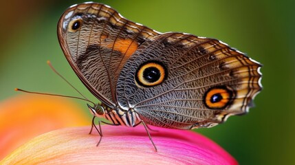 Naklejka premium Close-up of a vibrant butterfly perched on a colorful flower petal, showcasing intricate wing patterns and rich colors in a natural setting.