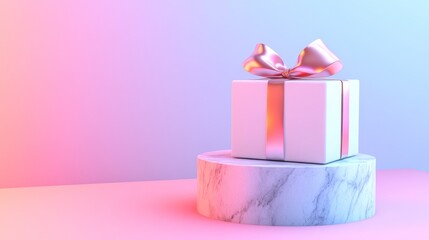 White gift box with rose gold ribbon on marble pedestal against pastel background.