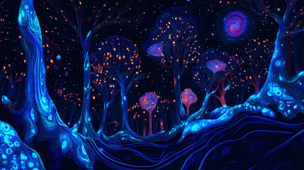 Surreal night forest with otherworldly luminous blue light. generative ai. Otherworldly. Illustration