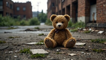 Abandoned toy bear in a decaying urban landscape.