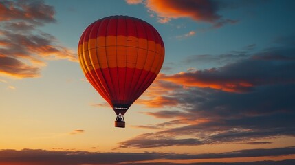 Fototapeta premium A vibrant hot air balloon soaring against a colorful sunset sky.