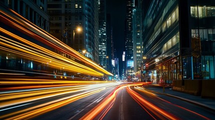 Obraz premium A vibrant city street at night, showcasing light trails from moving vehicles amidst tall buildings.