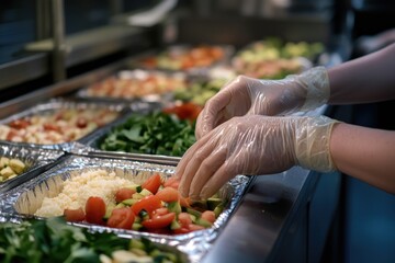 A person preparing food on a tray in a kitchen