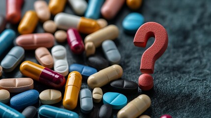 A collection of various colorful pills and capsules scattered on a dark surface, with a prominent red question mark symbolizing confusion about medication.