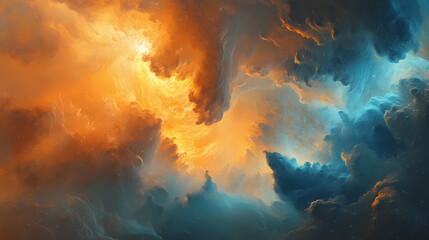 Fototapeta premium Whimsical orange and blue hues blend with swirling clouds of light in an otherworldly display, gradient, mist, bokeh. Otherworldly. Illustration