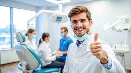 Obraz premium Friendly Dentist with Thumbs Up Gesture in Modern Dental Clinic with Patients in Background, Showcasing Professionalism and Dental Care Services