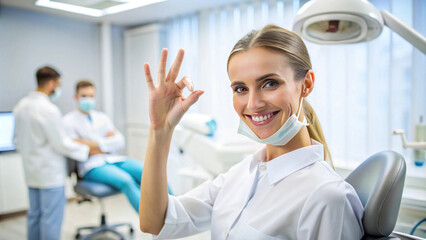 Obraz premium Female Dentist Showing Okay Gesture with Patient in Background in Modern Dental Office Setting with Bright Light and Professional Atmosphere