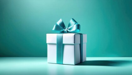 Fototapeta na wymiar Elegant Christmas Gift Box with Turquoise Bow on Vibrant Teal Background. Inspiring Ideas for Festive Decorations, Luxury Wrapping, and Memorable Seasonal Gifts for the Holidays