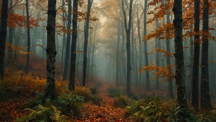 Abstract autumn forest with falling leaves in a hazy background.