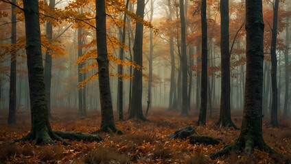 Abstract autumn forest with falling leaves in a hazy background.