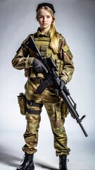 Obraz premium Young Female Soldier in Camouflage Combat Uniform Holding Assault Rifle in Studio Environment with Soft Lighting for Military or Defense Concepts