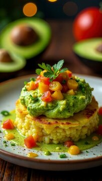 Peruvian causa lime&ntilde;a, layered potato and avocado dish with vibrant colors, set on a festive holiday table