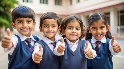 Group of Children Giving Thumbs Up for back to school Portraying Happiness and Friendship in a School Environment