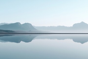 Fototapeta premium Serene landscape with mountains reflected in calm water under a soft blue sky.