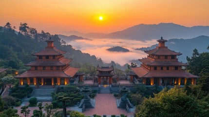 Serene sunrise over traditional architecture amidst misty mountains.