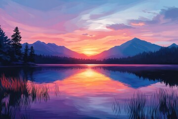 Fototapeta premium A serene sunset over a tranquil lake, reflecting hues of pink, purple, and orange, surrounded by majestic mountains.
