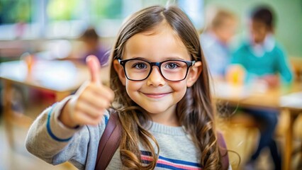 Young girl smiling and giving a thumbs-up gesture in a classroom setting with classmates engaged in learning activities in the background, showcasing happiness and confidence.