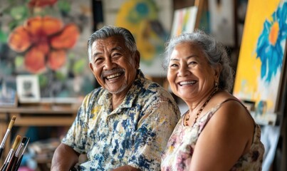 Fototapeta premium Happy Senior Artists Smiling in Colorful Art Studio