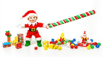 A cheerful elf in a Santa outfit stands beside colorful toys and wrapped gifts, celebrating the festive spirit of Christmas.