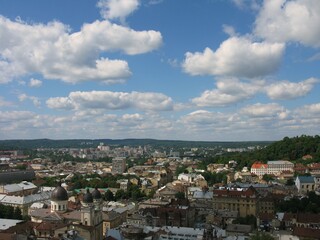 The old town in Lviv in Ukraine. View is from the roof of the city hall