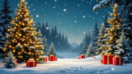 Obraz premium Beautiful merry christmas background Realistic design with with gift boxes, christmas tree in the snow, christmas tree in the night and happy new year background