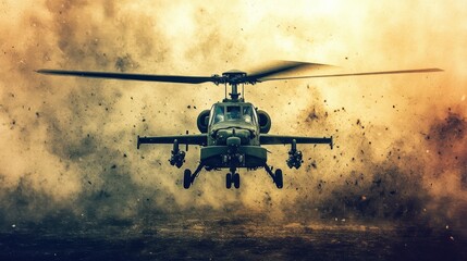 Attack Helicopter. Military Defense Aircraft with Green Color Scheme. Front View of Armed War Machine