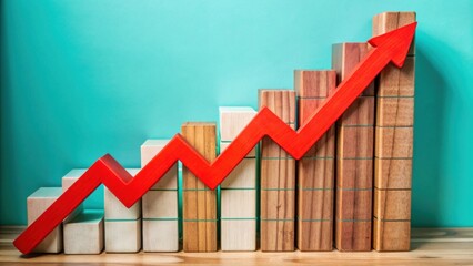 Red arrow showing upward trend on wooden bar graph against a turquoise background, symbolizing growth, success, and business progress in financial concepts and analytics.