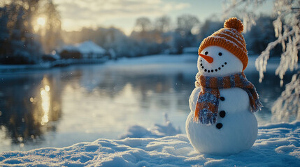 Snowy Landscape with Charming Snowman in Bright Sunshine