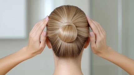 Fototapeta premium Close-up portrait showcasing a beautiful woman's bun hairstyle against a soft neutral background in an artistic studio setting