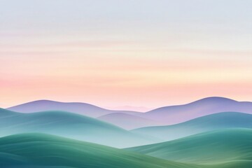 A serene landscape of gentle rolling hills at dawn, with soft pastel colors creating a tranquil atmosphere.