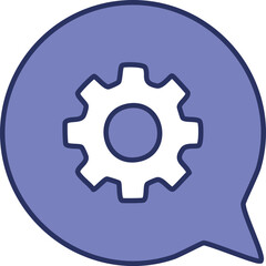 Gear in speech bubble. Cogwheel communication; solution idea; technical support message.  Symbolizes helpful advice.