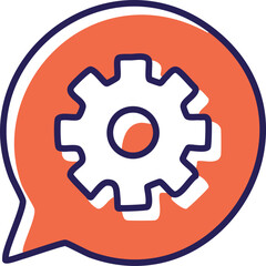 Gear message icon. Cogwheel in speech bubble; symbolizes communication, solutions, and technical support.