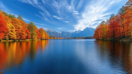 A serene autumn landscape featuring vibrant trees reflecting in a calm lake under a blue sky.