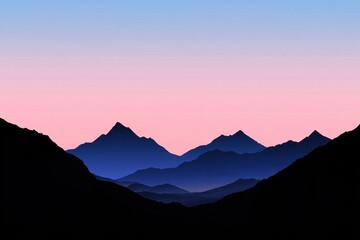 Serene mountain landscape at dusk, showcasing layered peaks under a pastel sky.