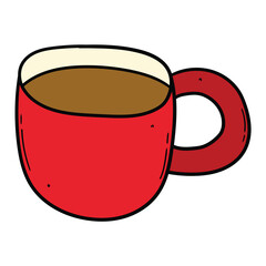 Hand drawn cartoon red cup of coffee on white background.