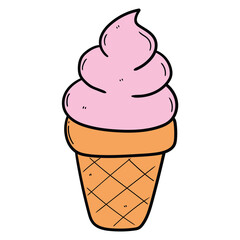 Hand drawn cartoon waffle cone ice cream on white background.