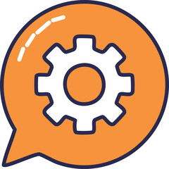 Gear in speech bubble. Technical support message.  Cogwheel inside a chat bubble symbolizes problem-solving and assistance.