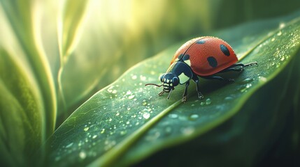 Fototapeta premium Close-up of a vibrant red ladybug on a dewy green leaf, basking in sunlight. Perfect for nature and insect-focused projects.