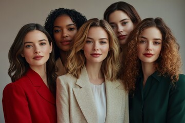Fototapeta premium A group of five diverse women posed confidently, dressed in chic and professional outfits, showcasing a blend of modern fashion and empowerment in a studio setting.