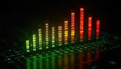Digital audio spectrum analyzer with illuminated frequency levels in green, yellow and red on a dark background. Concept of sound data visualization