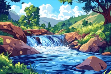 A vibrant illustration of a serene waterfall cascading over rocks in a lush green landscape.
