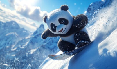 Playful Panda Snowboarding Down Mountain