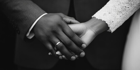 An intimate black and white photo of an interracial couple holding hands, showcasing unity, diversity, and commitment through their wedding rings elegantly highlighted.