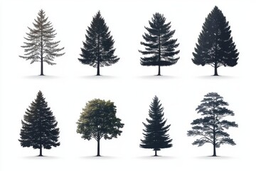 Silhouettes of various trees showcasing diverse shapes and sizes against a minimalistic white background.
