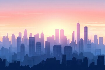 Fototapeta premium A stunning city skyline at sunset, showcasing tall buildings silhouetted against a vibrant pink and orange sky.